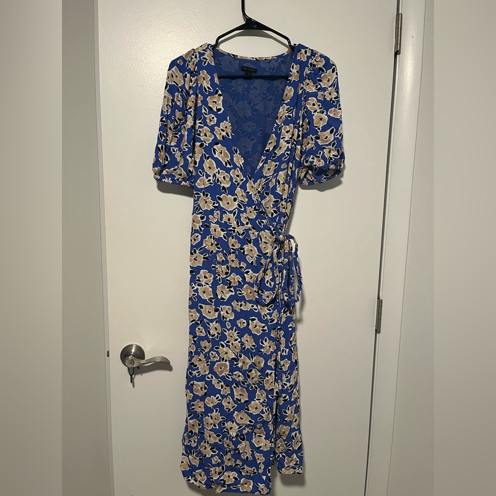Ann Taylor Blue Floral Long Wrap Midi Dress